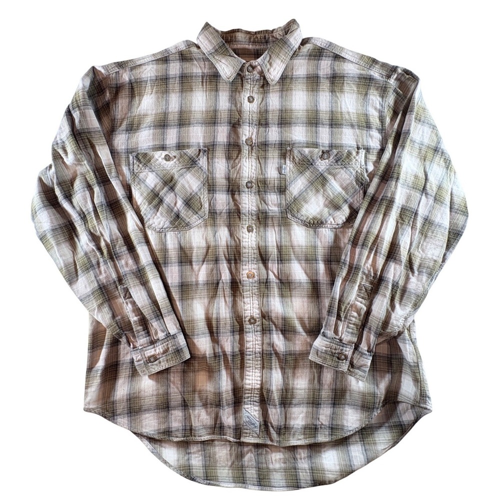 Levis Flannel Shirt Mens Large Brown Tan Plaid Long Sleeve Button Down Cotton